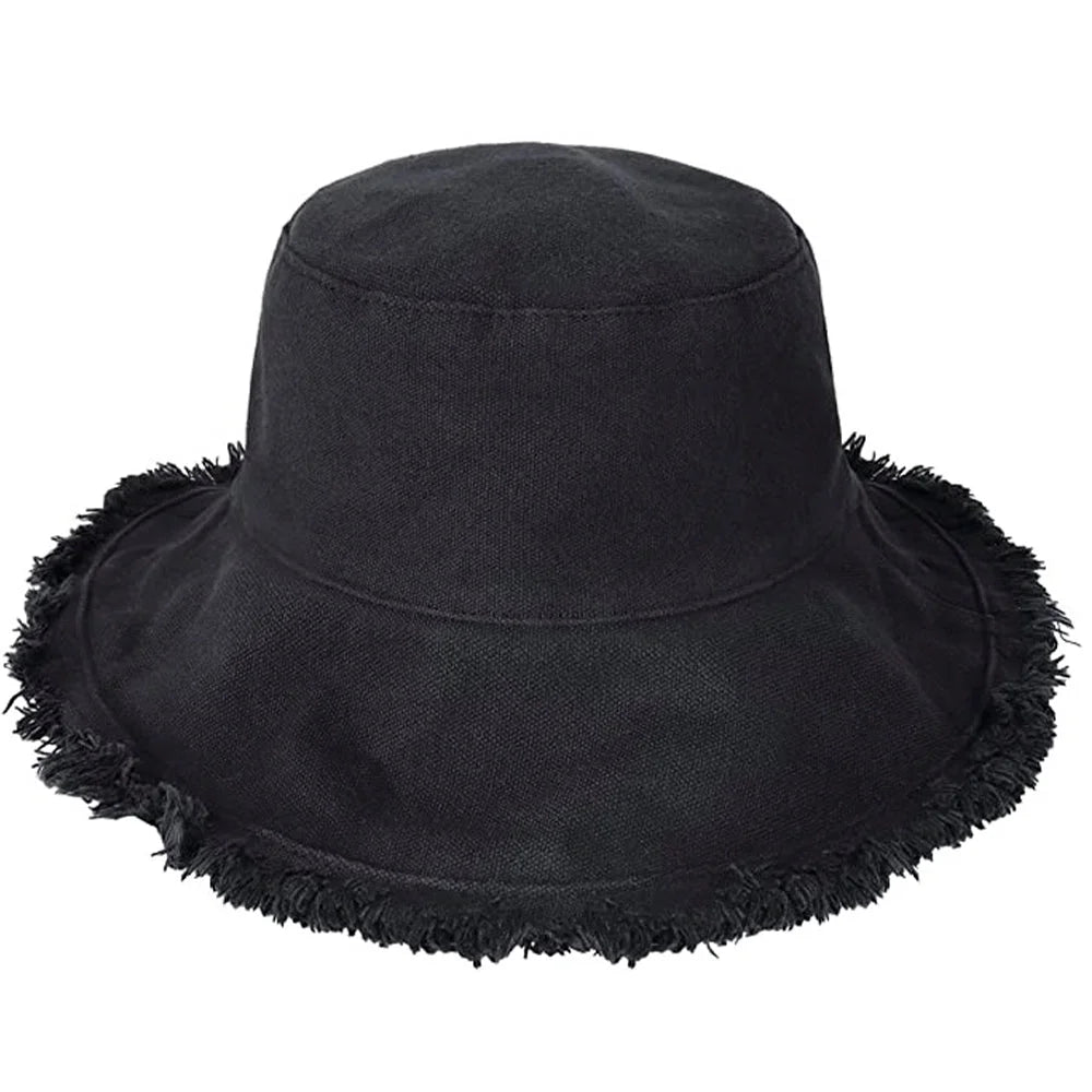 Black fringed bucket hat from Keanu Twill Raw Edge Bucket Hat collection
