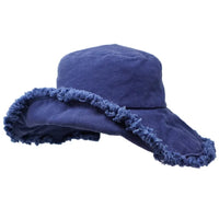 Blue denim bucket hat with frayed brim, perfect for sunny days and stylish outings