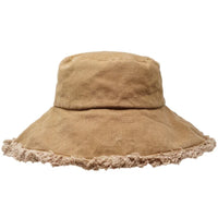 Tan canvas bucket hat with frayed brim from the Keanu Twill Raw Edge collection