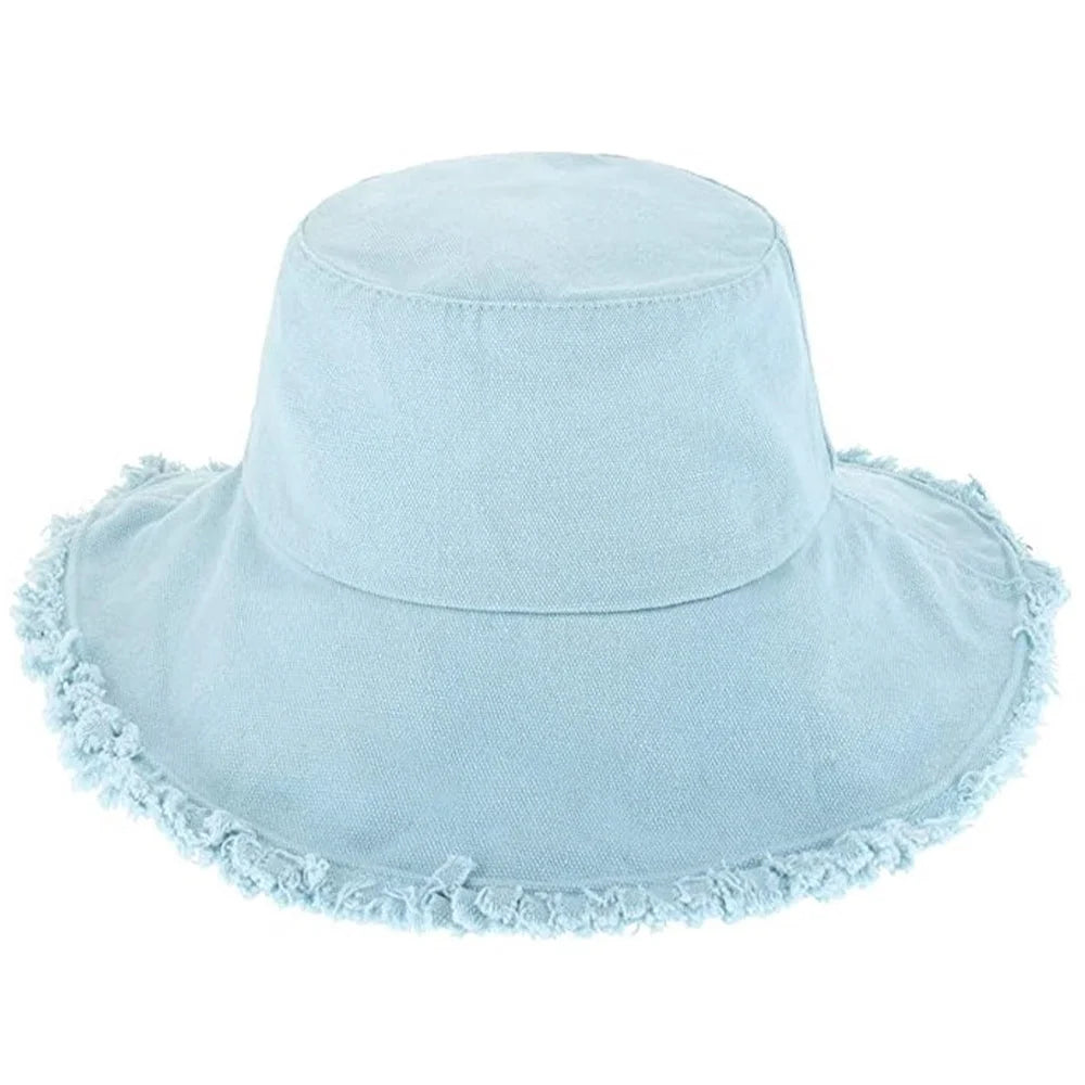 Light blue denim bucket hat with frayed brim in Keanu Twill Raw Edge style