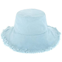 Light blue denim bucket hat with frayed brim in Keanu Twill Raw Edge style