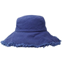 Blue denim bucket hat with frayed brim from the Keanu Twill Raw Edge Bucket Hat collection