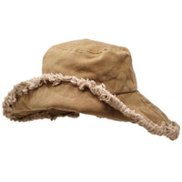 Tan canvas bucket hat with frayed brim, perfect for stylish outdoor adventures