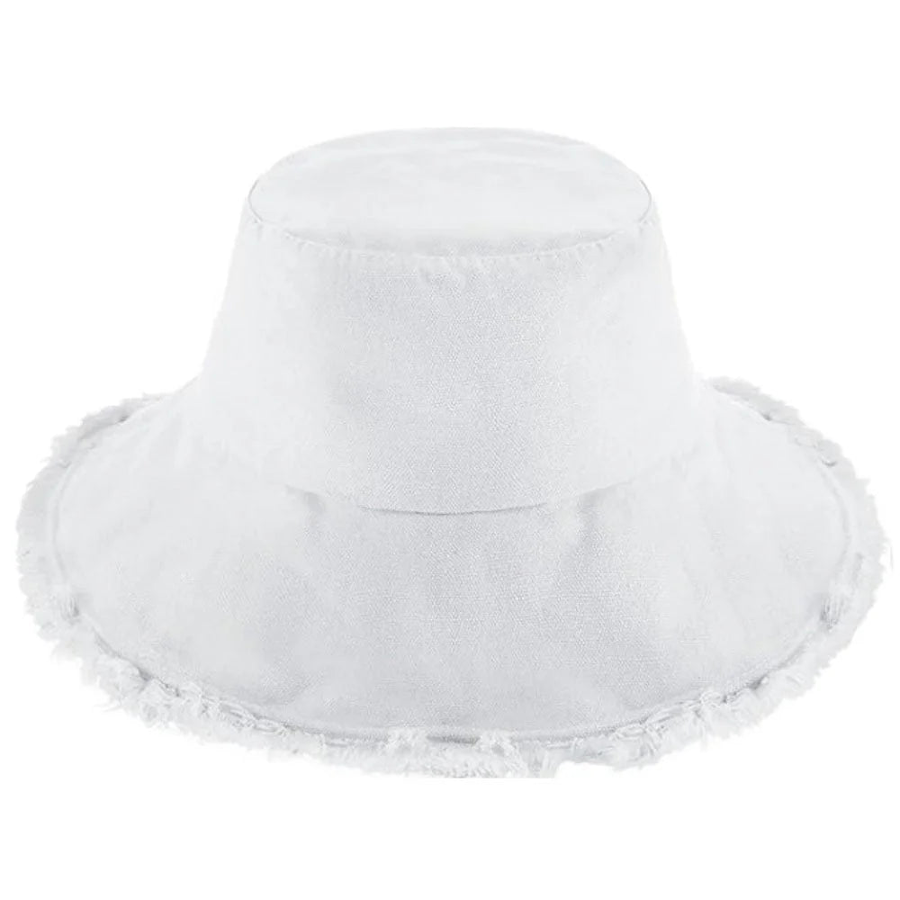 White fringed bucket hat from the Keanu Twill Raw Edge Bucket Hat collection