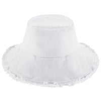 White fringed bucket hat from the Keanu Twill Raw Edge Bucket Hat collection