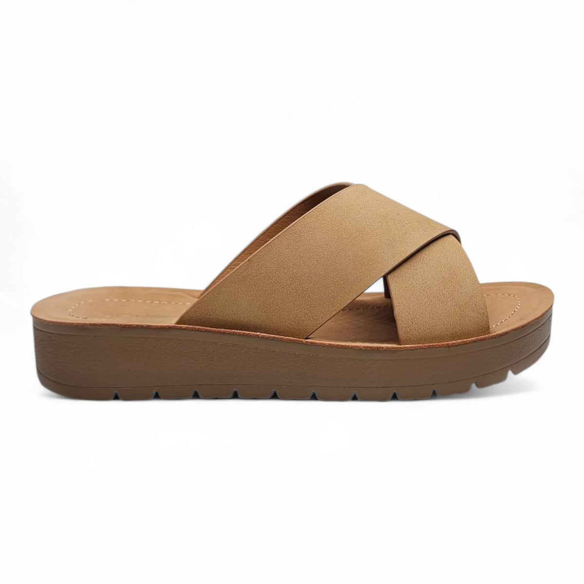 Tan Lucy Platform Criss Cross Sandal showcasing stylish platform criss design