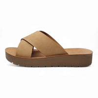 Tan Lucy Platform Criss Cross Sandal showcasing stylish platform criss cross design