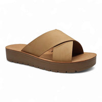 Tan Lucy Platform Criss Cross Sandal showcasing stylish criss-cross platform design