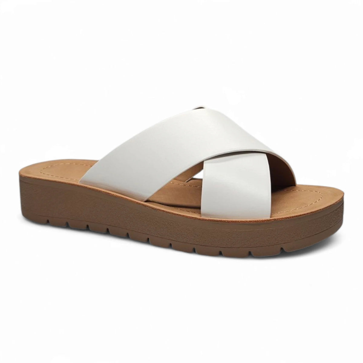 White Lucy Platform Criss Cross Sandal with a trendy criss cross design