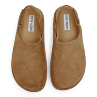 Tan suede slip-on shoes with flat soles from Mellow Cognac Suede Slingback Mule