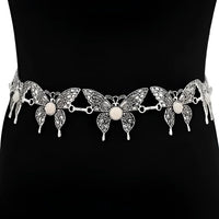 Silver butterfly belt with white stones, metal link butterfly concho, western chain belt