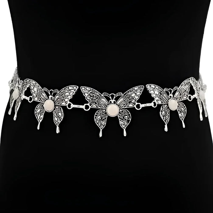 Silver butterfly belt with white stones, metal link butterfly concho, western chain belt