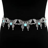 Silver butterfly belt with turquoise accents featuring metal link butterfly and butterfly concho cutout
