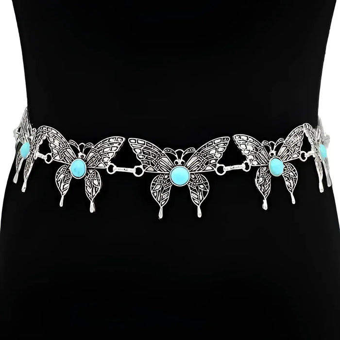 Silver butterfly belt with turquoise accents featuring metal link butterfly and butterfly concho cutout