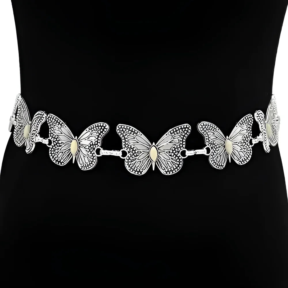 Silver butterfly chain belt featuring Metal Link Butterfly and Engraved Concho design