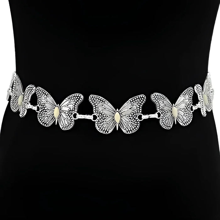 Silver butterfly chain belt featuring Metal Link Butterfly and Engraved Concho design