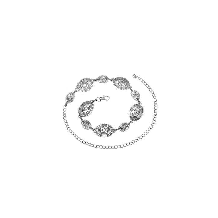 Decorative metallic oval concho chain belt with silver-toned medallions and links