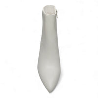 White pointed-toe ankle bootie with side zipper and block heel for stylish comfort