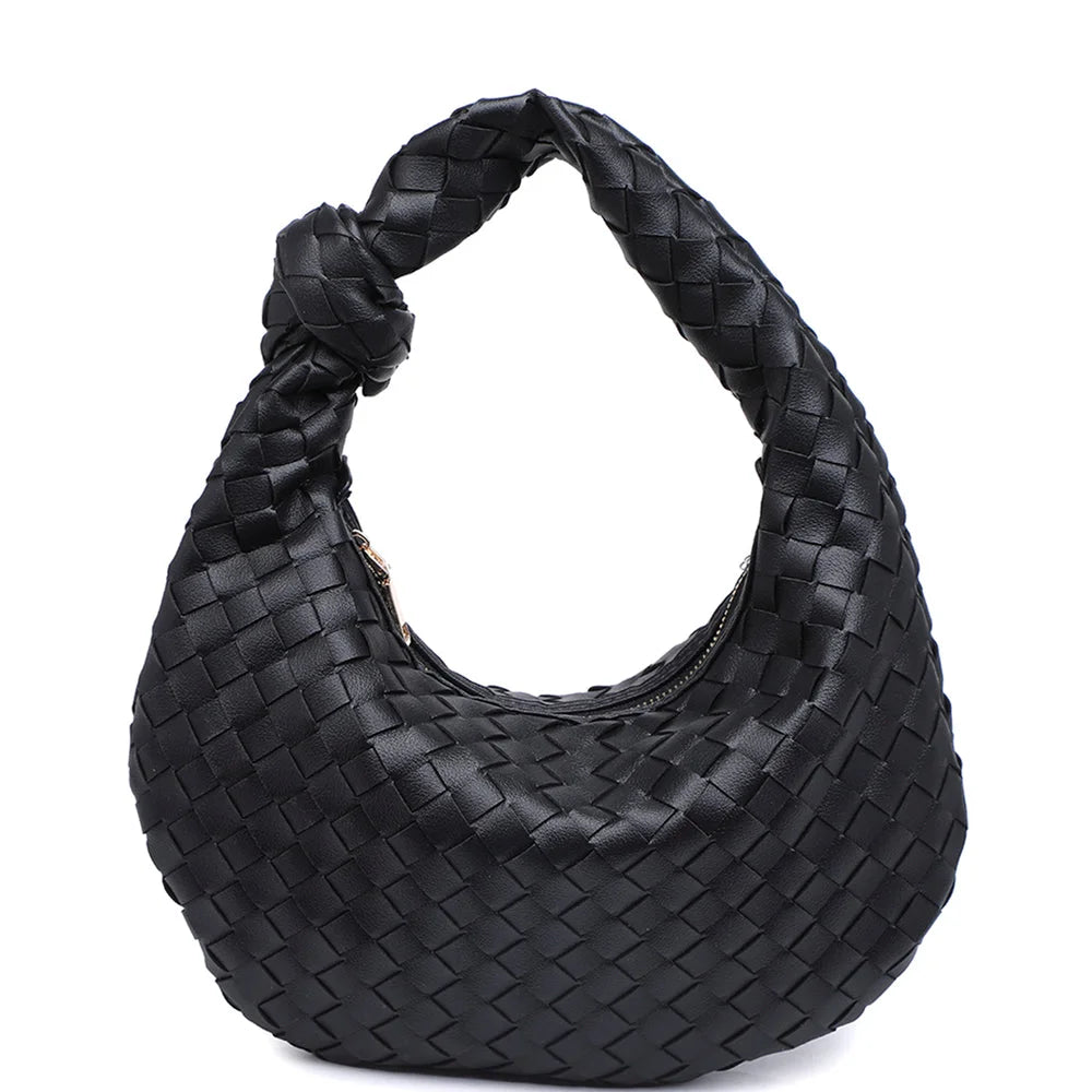Black woven leather hobo bag with curved handle, showcasing Modern Texture Knot design