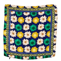 Colorful Multi Daisy Flower Print Scarf in silk with daisy-like flowers on navy background