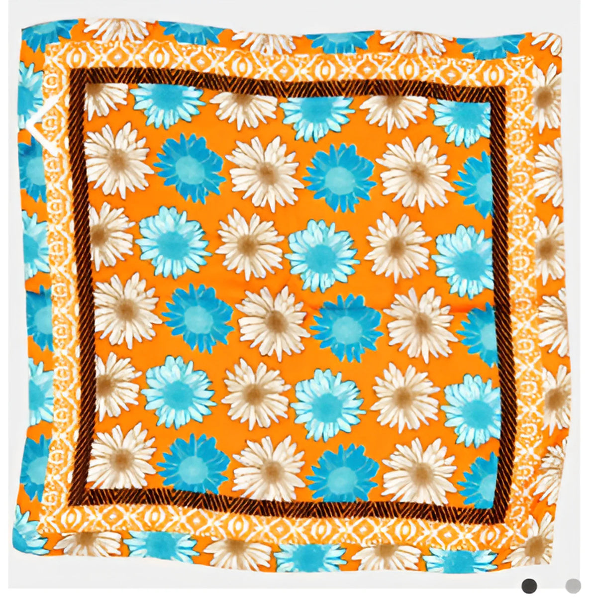 Colorful multi daisy flower print scarf on an orange background, perfect for stylish outfits