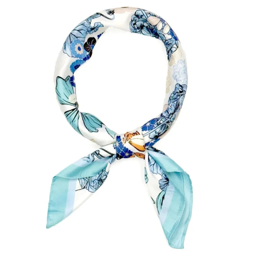 Multi Flower Pattern Square Bandana Scarf - Blue - SCARVES
