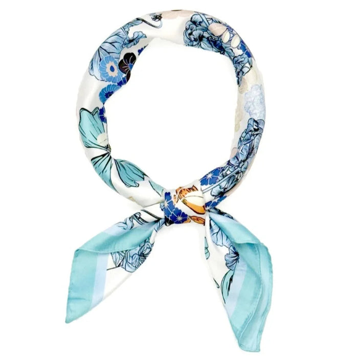 Multi Flower Pattern Square Bandana Scarf - Blue - SCARVES