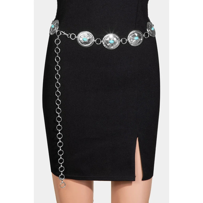 Decorative silver chain belt featuring oval concho disc medallions and turquoise accents