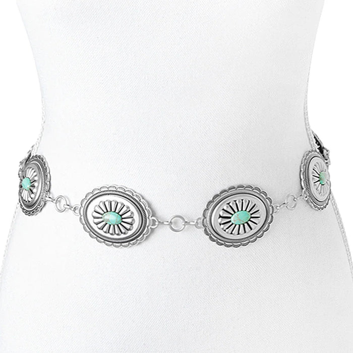 Oval Metal Turquoise Stone Design Link Belt - Turquoise - Belt