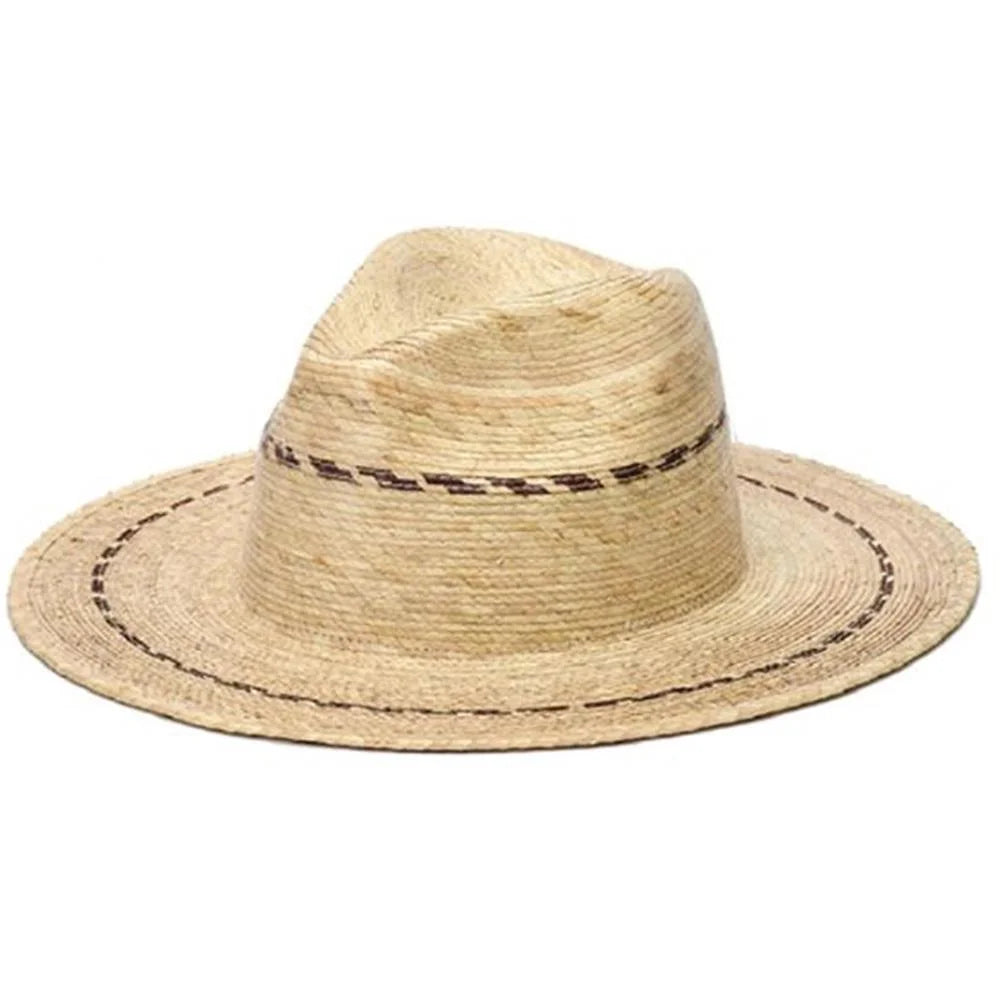 Woven straw fedora with patterned band, Palm Straw Flat Brim Windy Hat