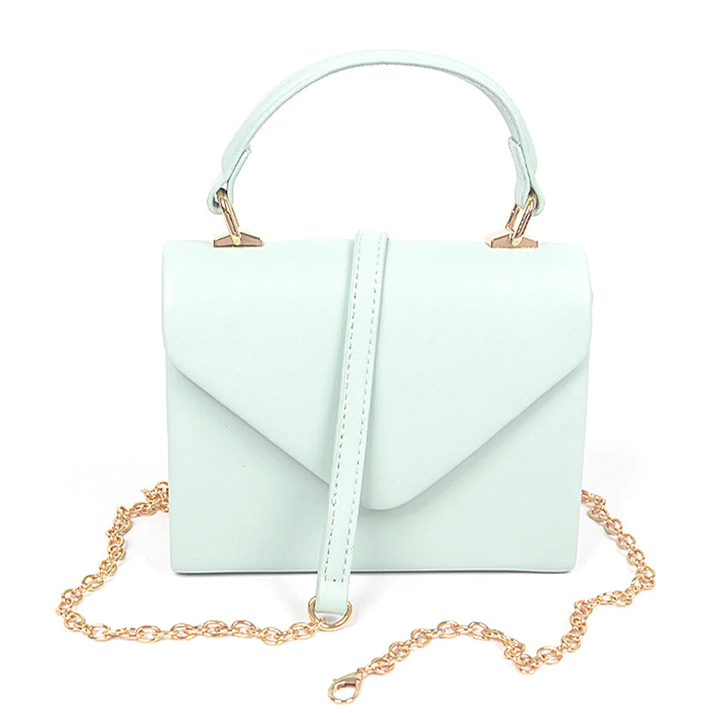 Mint green leather simple handle clutch with gold chain for stylish elegance