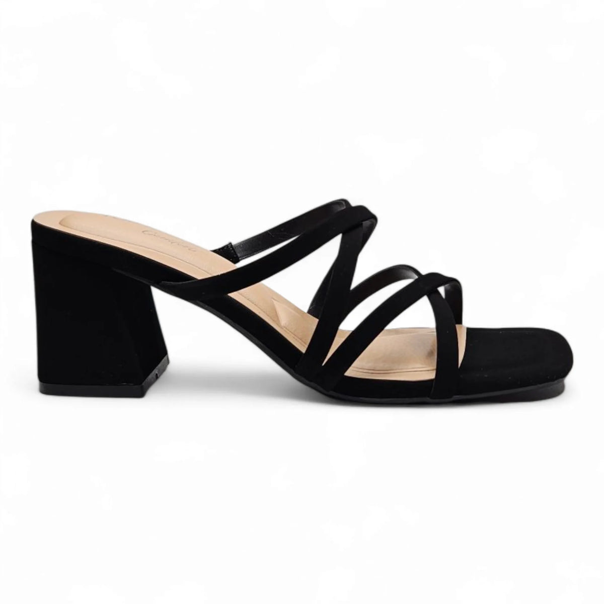 Black Queena Crisscross Strap Block Heel mule with stylish strappy design