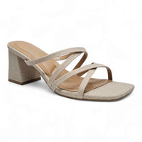 Beige Queena Crisscross Strap Block Heel sandal with stylish crisscross straps