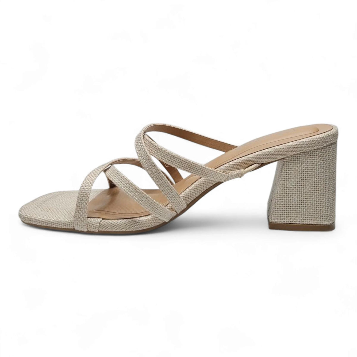 Beige Queena Crisscross Strap Block Heel sandal with multiple straps