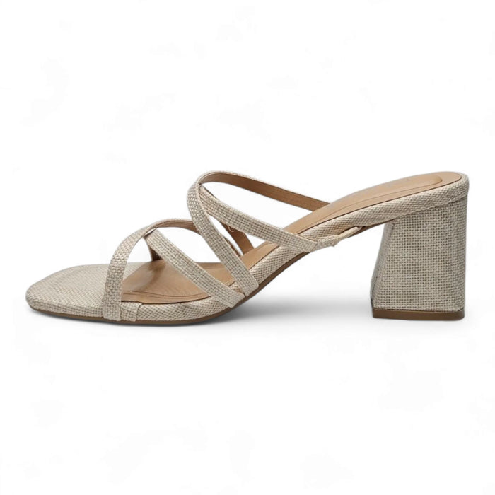 Beige Queena Crisscross Strap Block Heel sandal with multiple straps