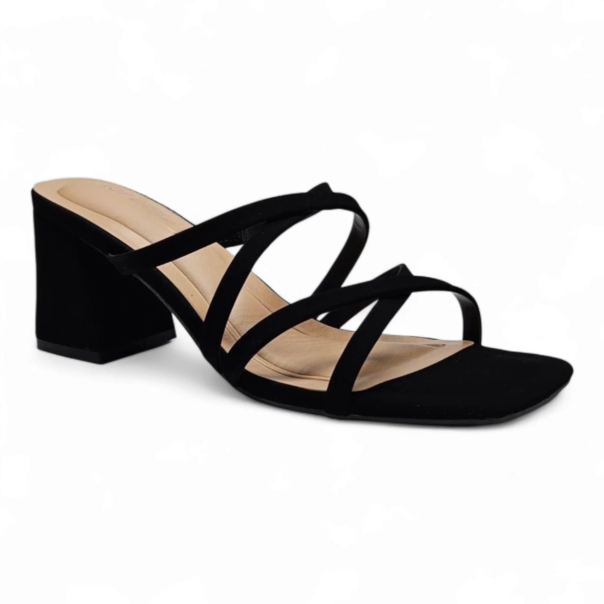 Black Queena Crisscross Strap Block Heel Mule Sandal for stylish womens footwear