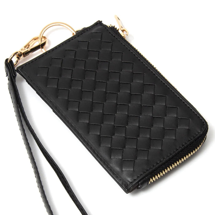 Quilted Smooth Card Holder Zipper Wallet With Hand Strap - WALLET