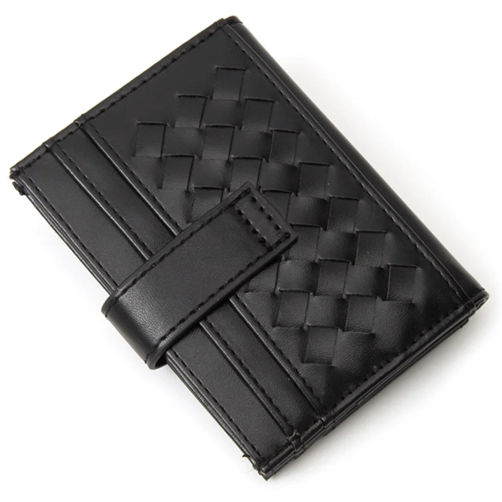 Black woven leather card holder with quilted weave pattern for stylish organization
