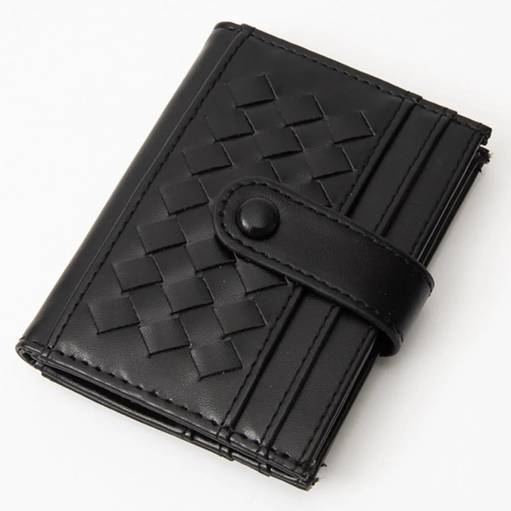 Black woven leather wallet with quilted weave pattern and snap closure for style and safety