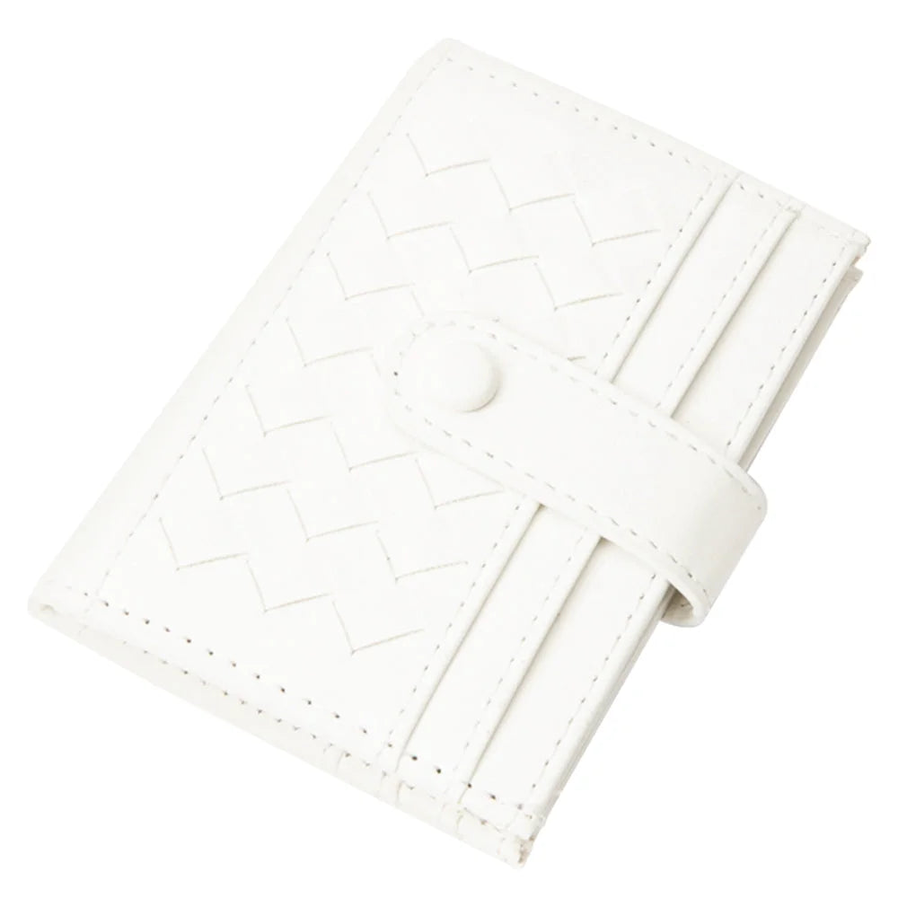 White woven leather card holder with quilted weave pattern for stylish organization