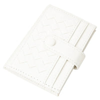 White woven leather card holder with quilted weave pattern for stylish organization