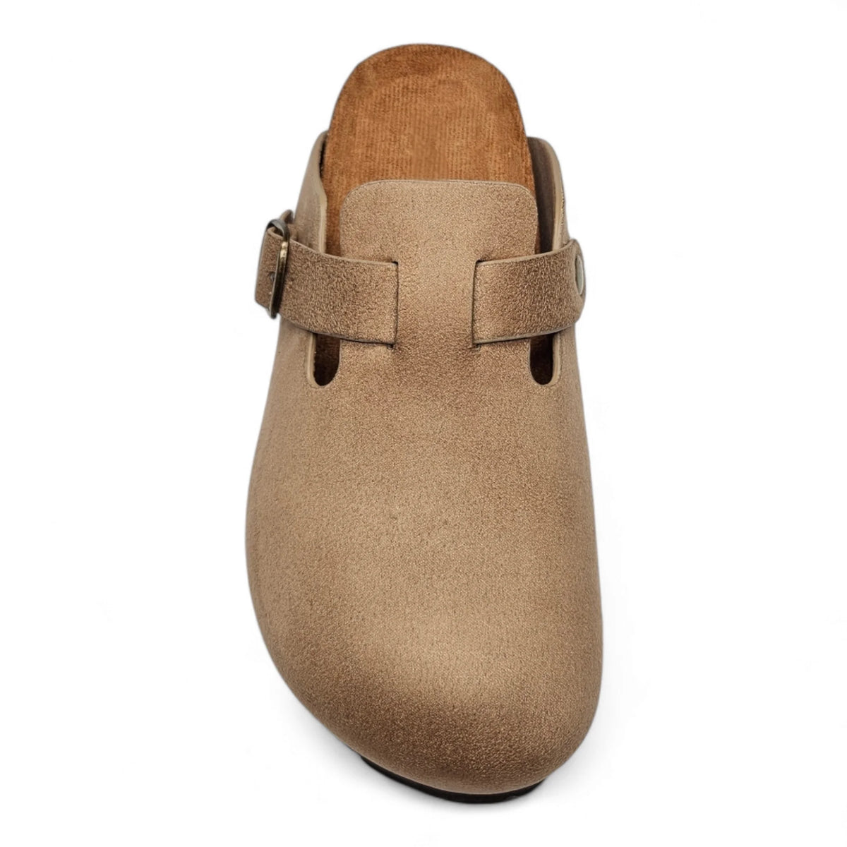 Beige suede clog with an adjustable buckle strap from Regis Slip on Mule collection