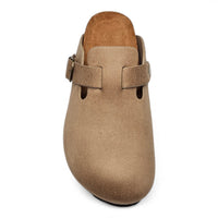 Beige suede clog with an adjustable buckle strap from Regis Slip on Mule collection
