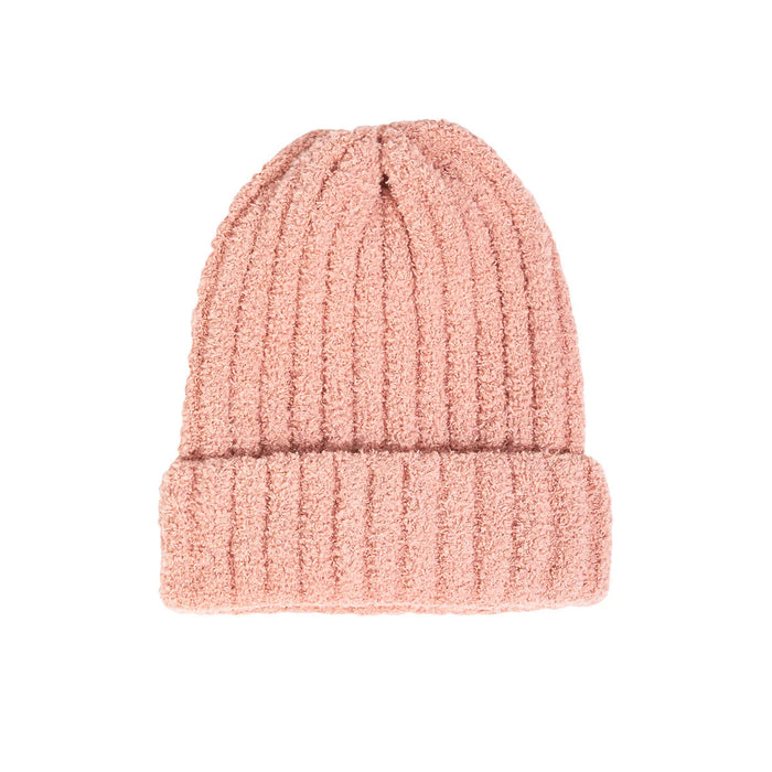 Pink Ribbed Chenille Beanie showcasing a stylish knitted texture