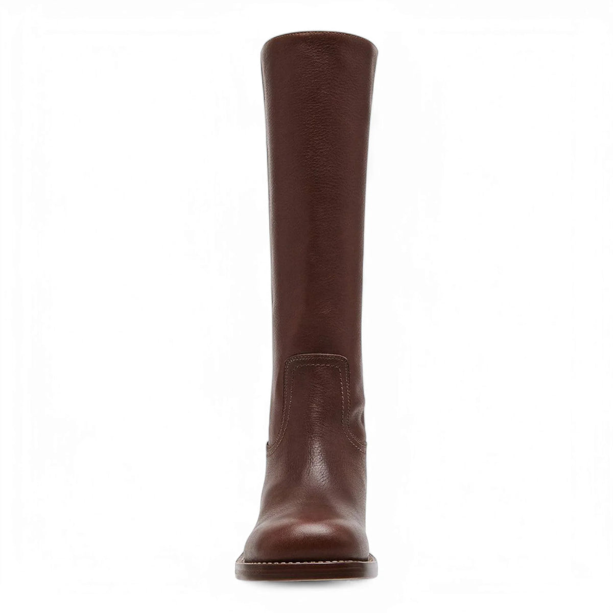Brown leather knee-high boot with a 3-inch shaft and stylish leather block heel