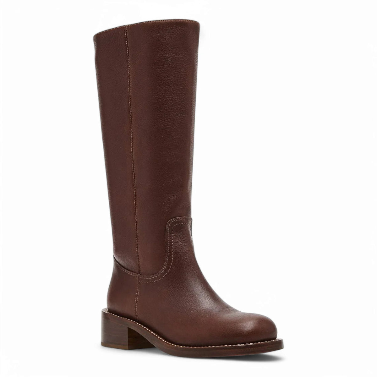 Brown leather knee-high boot with leather block heel and 12 inch shaft for stylish comfort