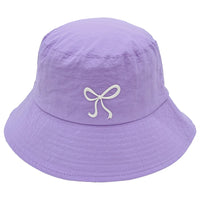 Lavender Rubber Bow Bucket Hat with white bow, stylish bow bucket hat accessory