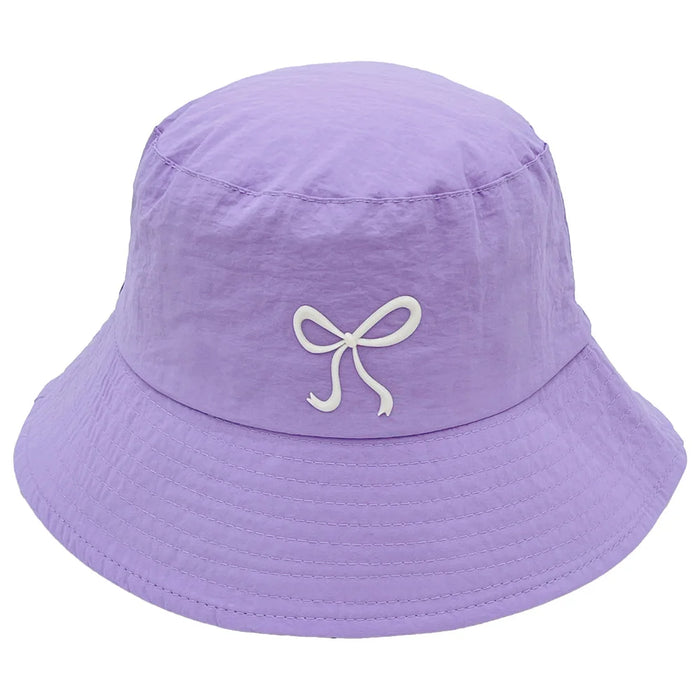 Lavender Rubber Bow Bucket Hat with white bow, stylish bow bucket hat accessory