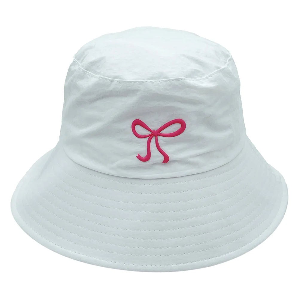 White sun hat with pink bow for Rubber Bow Bucket Hat collection, stylish bow bucket hat