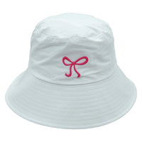 White sun hat with pink bow for Rubber Bow Bucket Hat collection, stylish bow bucket hat